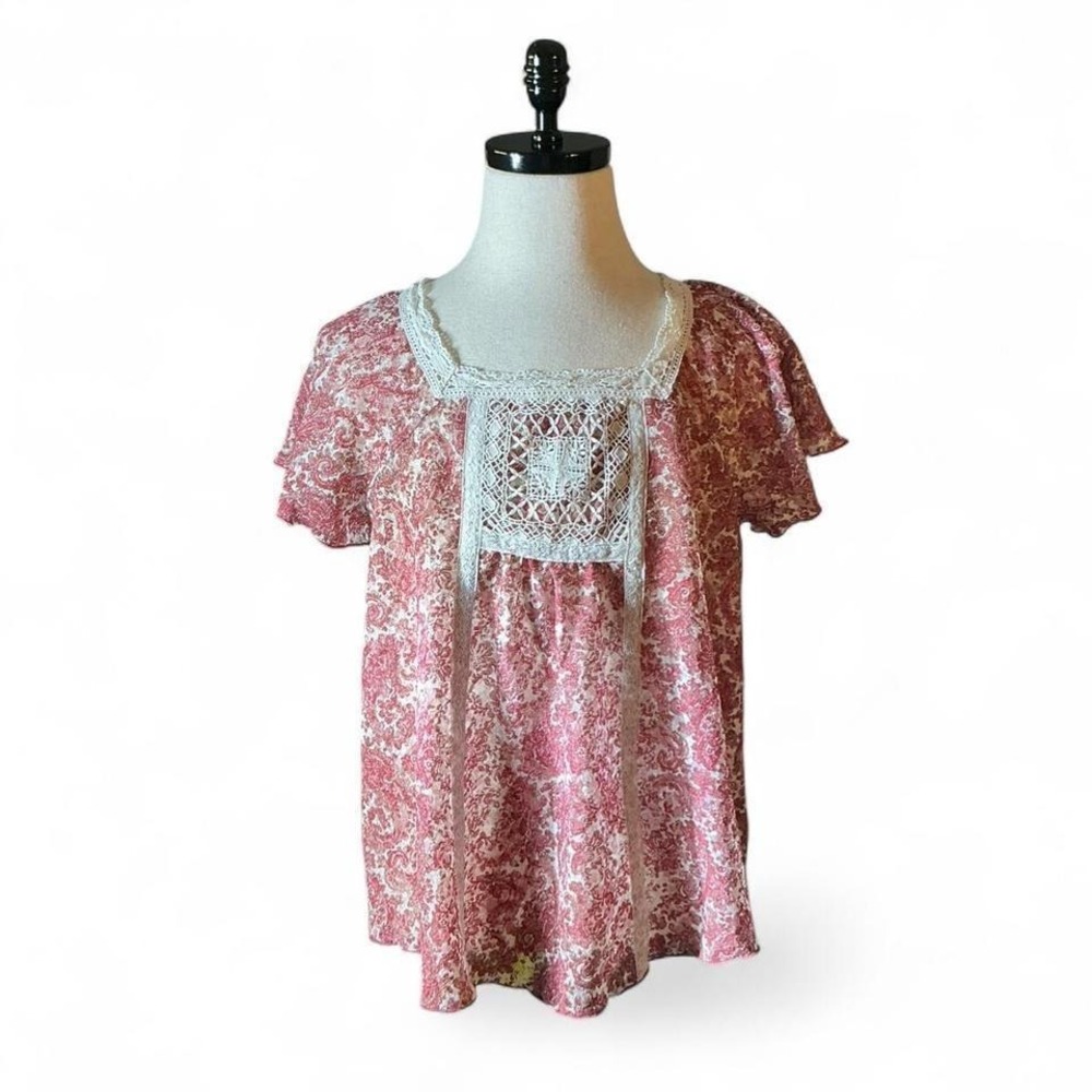 RuffHewn Red Paisley Mesh Blouse‎ Crochet Lace Trim Square Neck Small